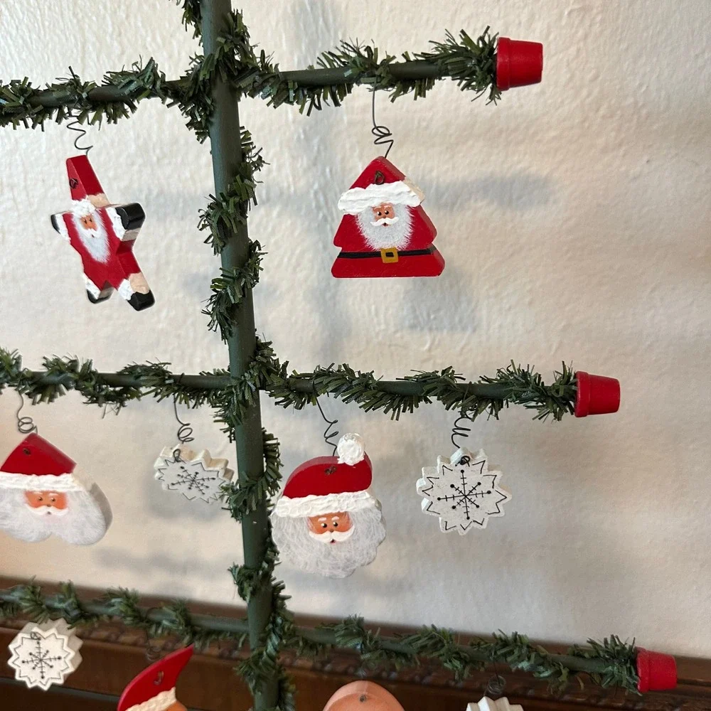 Vintage Wooden Christmas Feather Tree Tabletop Display with Santa Ornaments 17''